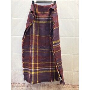 Plaid Ruana Wrap Scarf Burgundy Mustard Fringed One Size Acrylic
